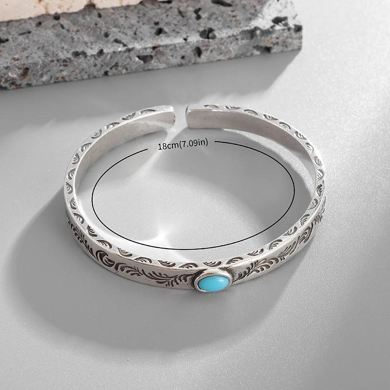 Indian Style Silver Plated Turquoise Carved Arabesque Bracelets for Men and Women Cuff Bangles Fashion Trend Party Jewelry