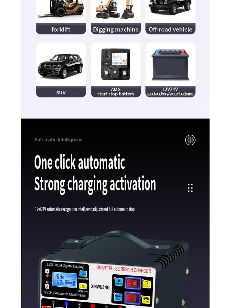 Intelligent High-Power Pure Copper Pulse Repair Charger for 12-24V Motorcycle Batteries