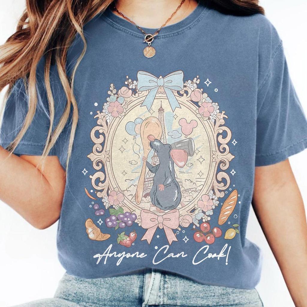 Retro Coquette Bow Disney Ratatouille Remy Shirt, Anyone Can Cook Quote, Paris France Gusteau’s Design, Girly Disney Fan Tee