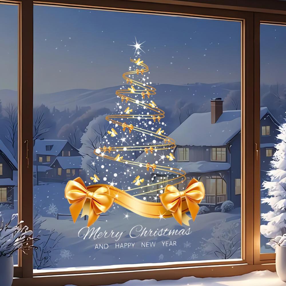 Star Bow Design Golden Christmas Tree Window Stickers Christmas Glass Door Stickers Showcase