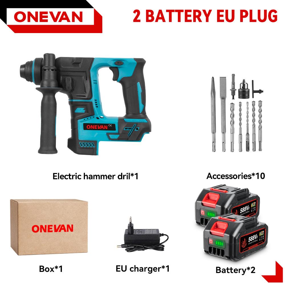 

ONEVAN Бесщеточная электрическая ударная дрель-перфоратор Портативная 24 мм Многофункциональная аккумуляторная дрель-перфоратор Инструмент для аккумулятора Makita 18 В Штифтовый 2Battery-10Pcs set