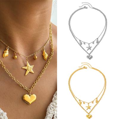 Fashionable Double Layer Necklace Heart Conch Starfish Pendant Necklace Perfect for Beach Vacations and Casual Outfits