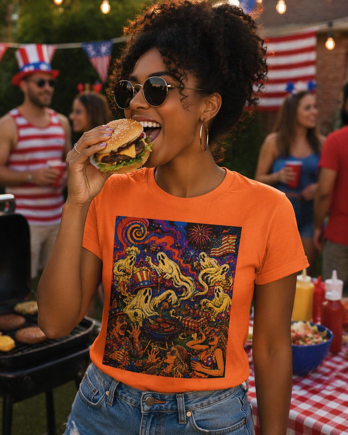 Psychedelic Ghost BBQ T-Shirt 4th of July Phantom Party Retro 70s Tee 4XL