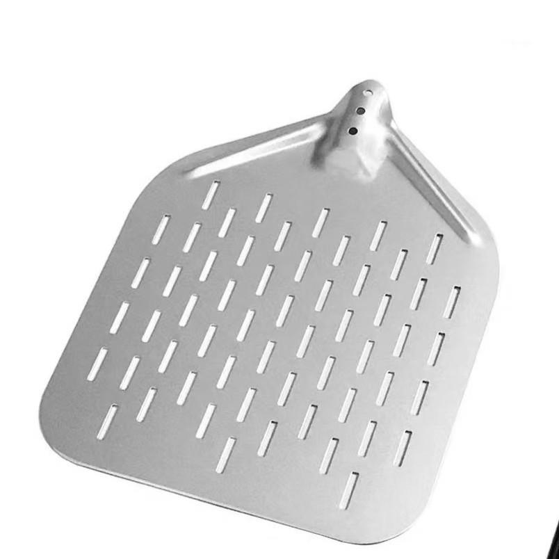 Kulatá perforovaná nerezová lopata na pizzu s dřevěnou rukojetí pro domácí pečení a přenos dortů