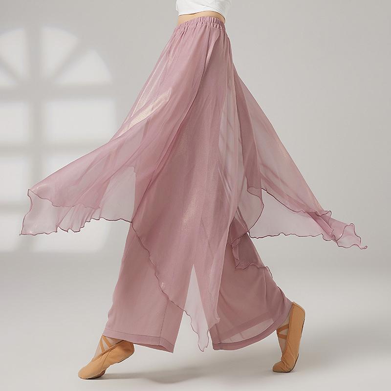 Classical Dance Dress Pants Women Double Layers Loose Trouser Practice Costume Spliced Shiny Chiffon Skirt Performance Dancewear