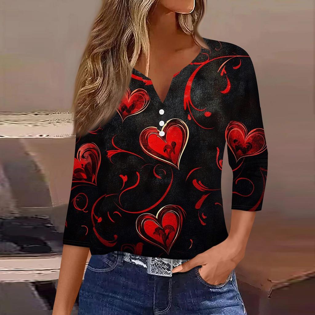 Women's Valentine's Day Printed V-Neck Casual Versatile Three-quarter Sleeve Button Top