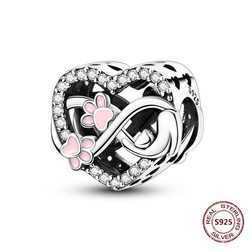 Copper Original Dog Cat Safety Chain Lazy Cat Pink Zircon Pet Paw Print Footprint Charms Fit Bracelet For Women Diy Jewelry