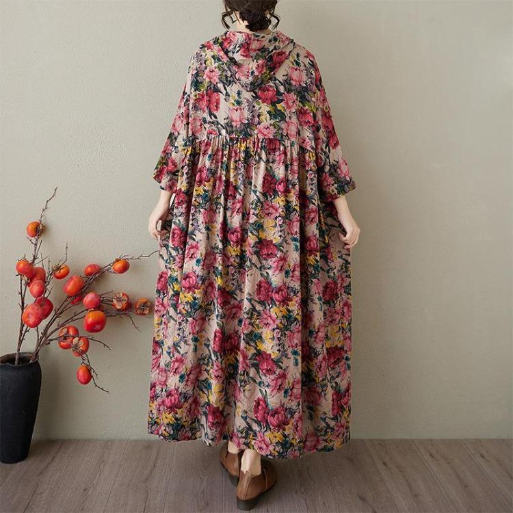 Summer  Vintage Floral Maxi Dress Women Plus Size Casual Loose Long Hooded Pleated Basic Dress
