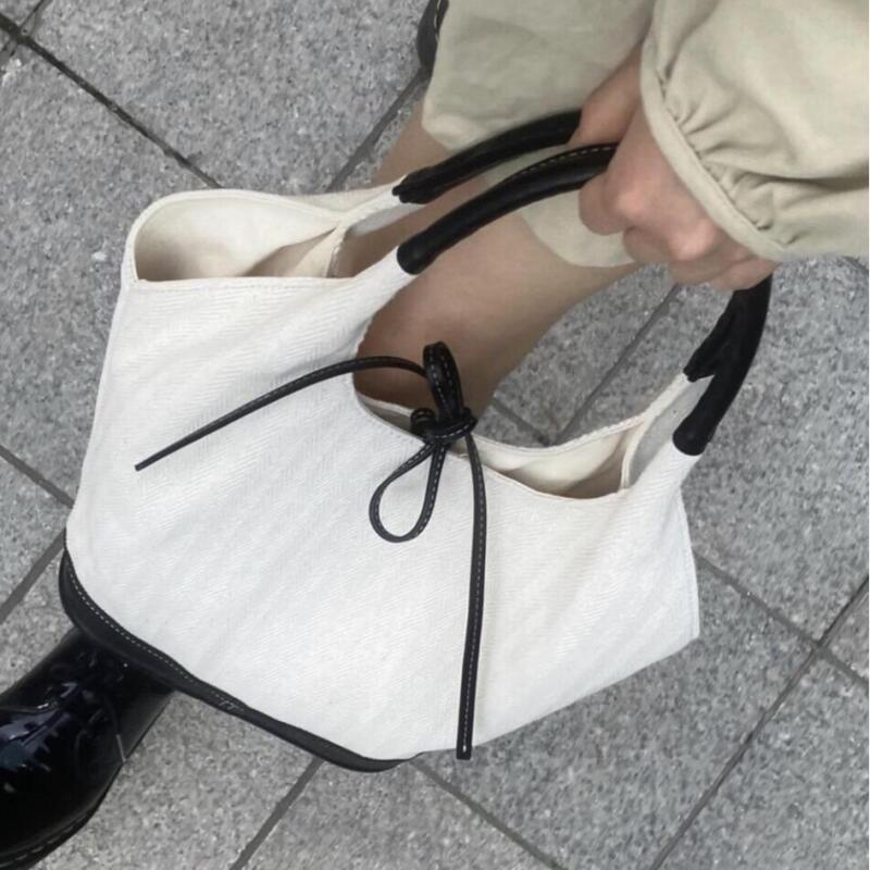 Fashion Canvas Tote Bags Simple Bow Tie Shoulder Bags Vintage Women's Handheld Shopping Bag Female Commuter Handbags