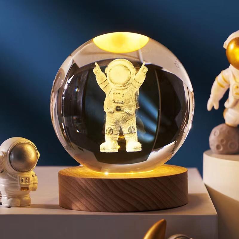 Crystal Ball With Wood Stand Laser Engraved 6CM Glass LED Crystal Ball Souvenir Gifts Home Decor Star Moon Night Light