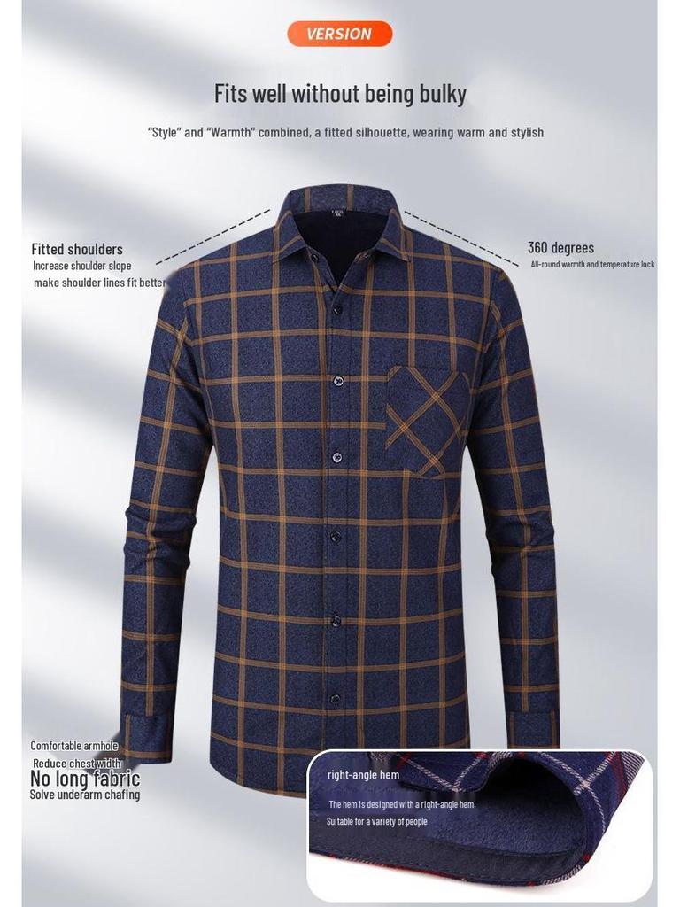 Męska koszula zimowa w retro kratę z podszewką z polaru - Gruba, ciepła, z długim rękawem, casualowa góra dla mężczyzn w średnim i starszym wieku