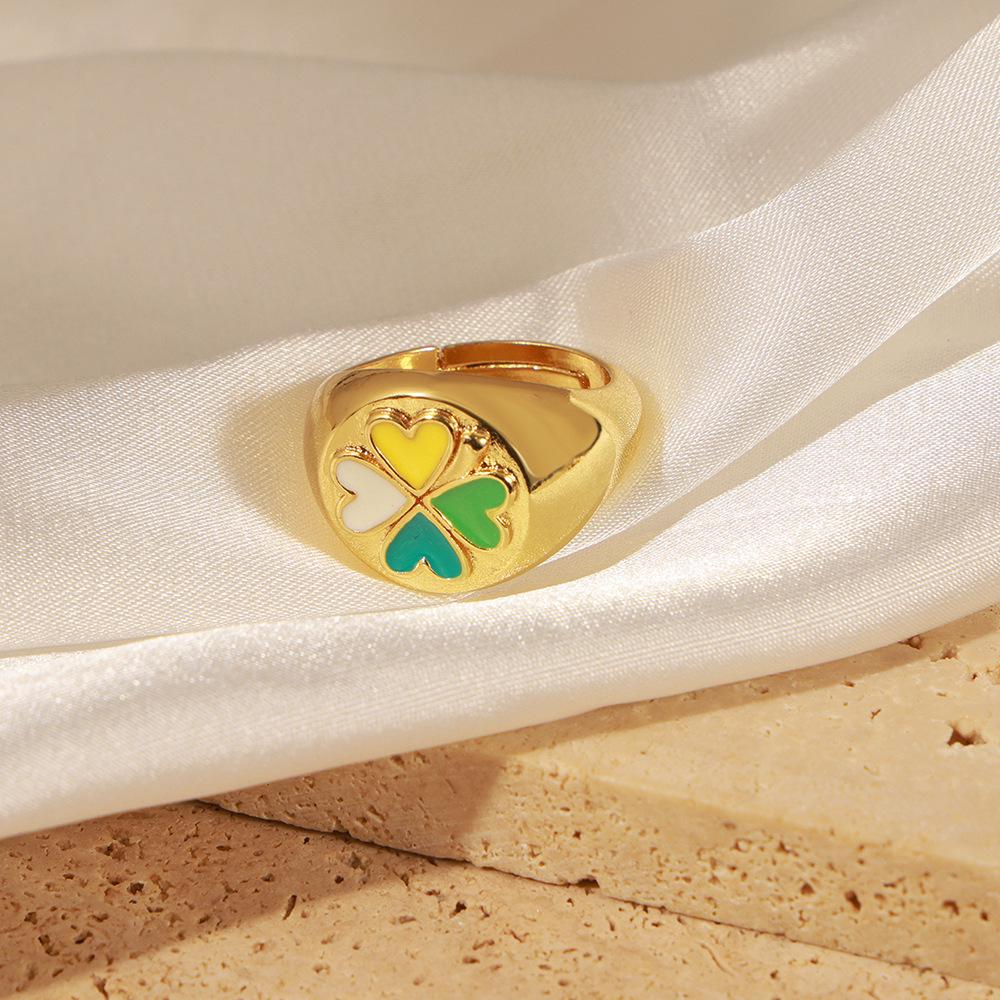 Korean Style Geometric Heart Clover Enamel Ring for Women - Trendy Temperament Design