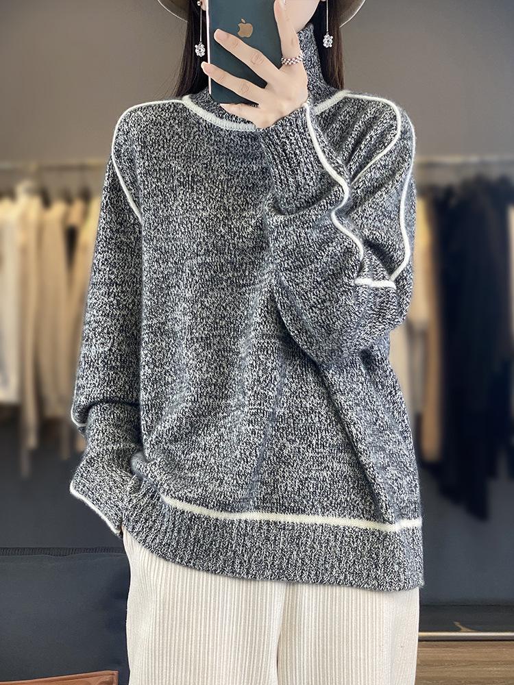 

Женский шерстяной свитер колор-блок с высоким воротом - Свободный крой, Теплый и Повседневный Зимний Пуловер Large