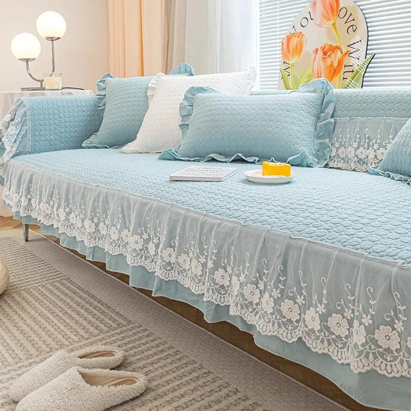 1PC Thicken Cotton Sofa Seat Cover with Lace Embroidery Sofa Cushion Mat Living Room Couch Slipcover Furniture Protector Decor