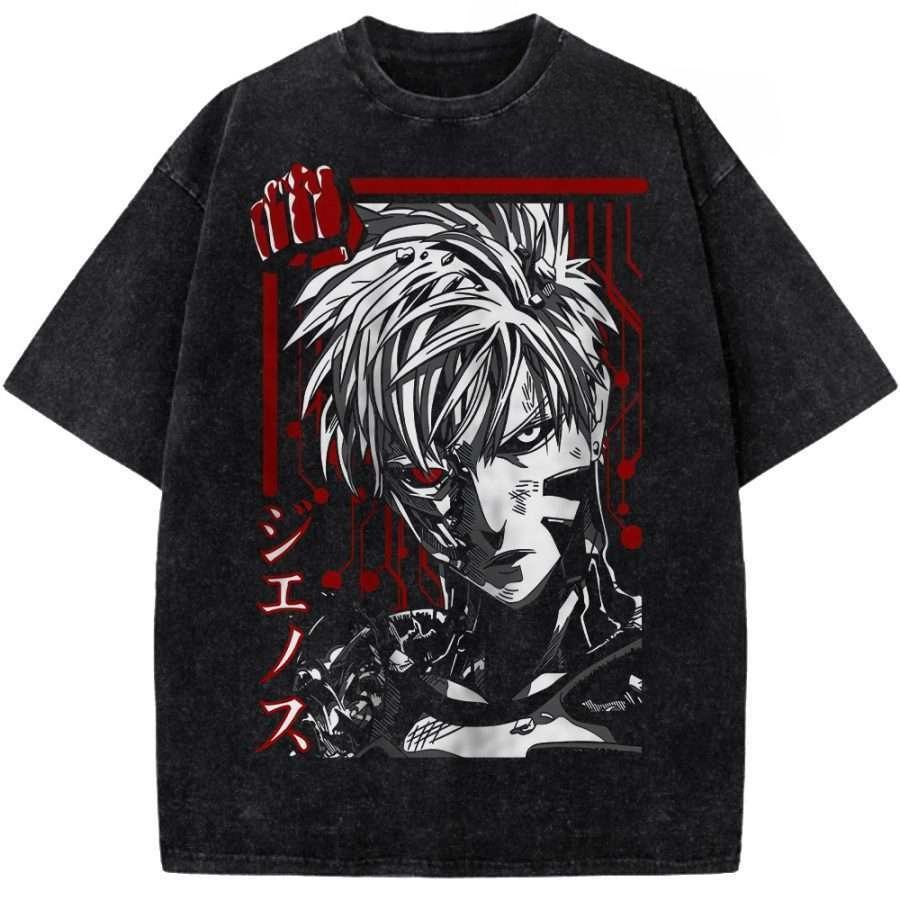 Anime One Punch Man Genos Graphic T Shirt Men Short Sleeve Clothing Casual Cotton Tshirt Vintage Washed T-shirt Harajuku Tops