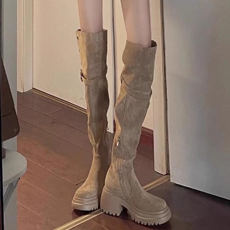 Women's Khaki Suede Over-the-Knee Boots - Chunky Heel, Thick Sole, Versatile, Western Style for Spring & Autumn