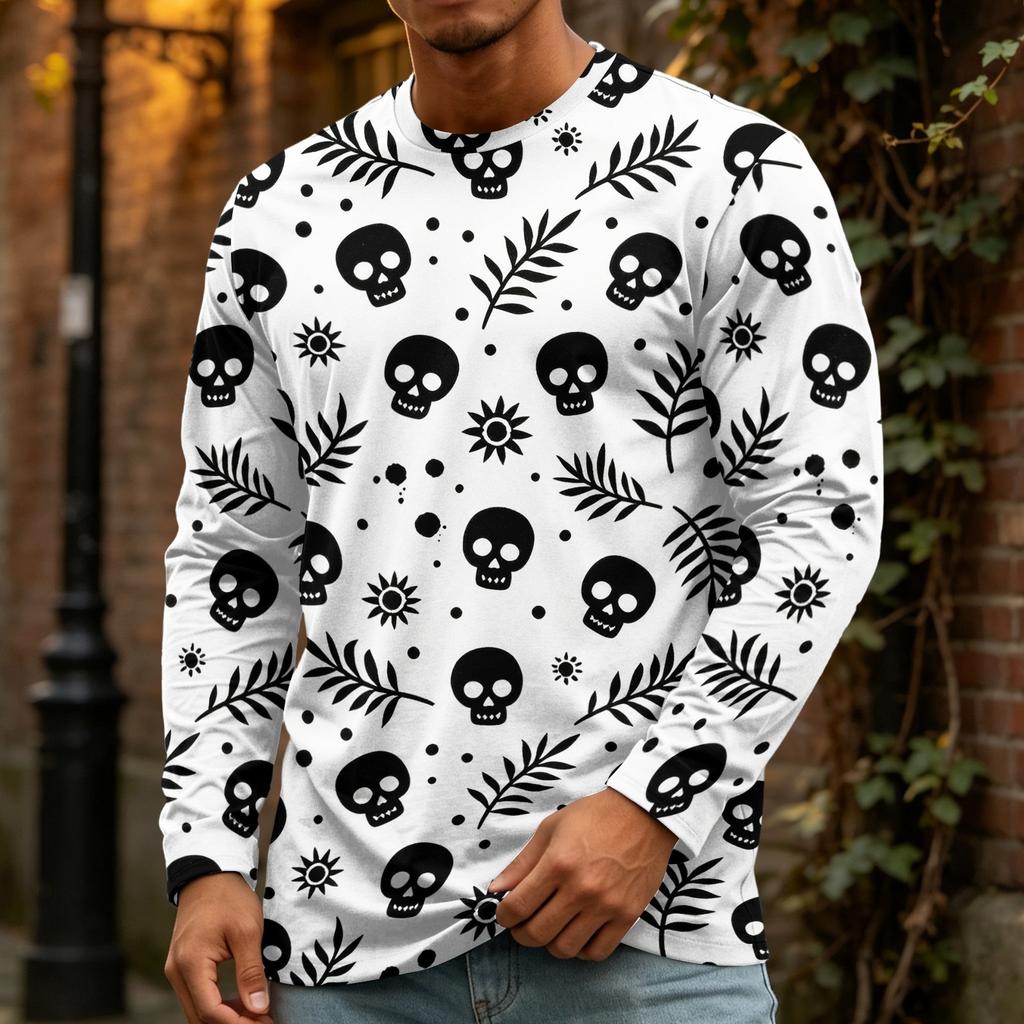 Men's Halloween Print Crewneck Long Sleeve T-Shirt for Casual Wear