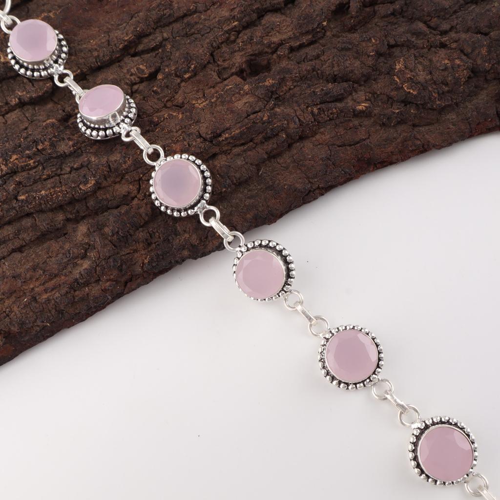 Rose Chalcedony Gemstone 925 Sterling Silver Jewelry Handcrafted Bracelet 7-9" RB-17-14