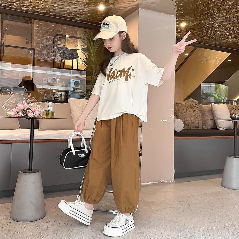 Spring Summer Girls' Set Clothes Girls Tracksuit Letter T Shirt Sport Ankle-tied Pants Kid Teenager