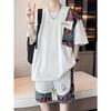 2-piece Set of Men's Summer Casual Outdoor Wear, Round Neck Short-sleeved T-shirt and Embroidered Design Loose Shorts Set