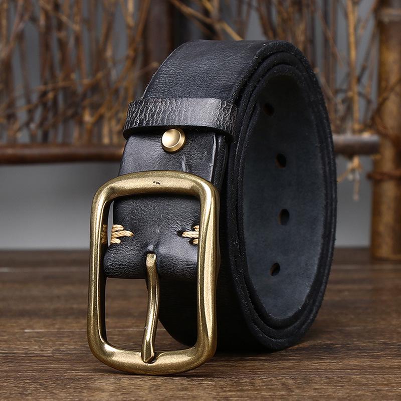 3.8CM New Style Men's Genuine Cowhide Leather Belt, Vintage Distressed with Wrinkled Design and Copper Buckle, Korean Casual Jeans Accessory.