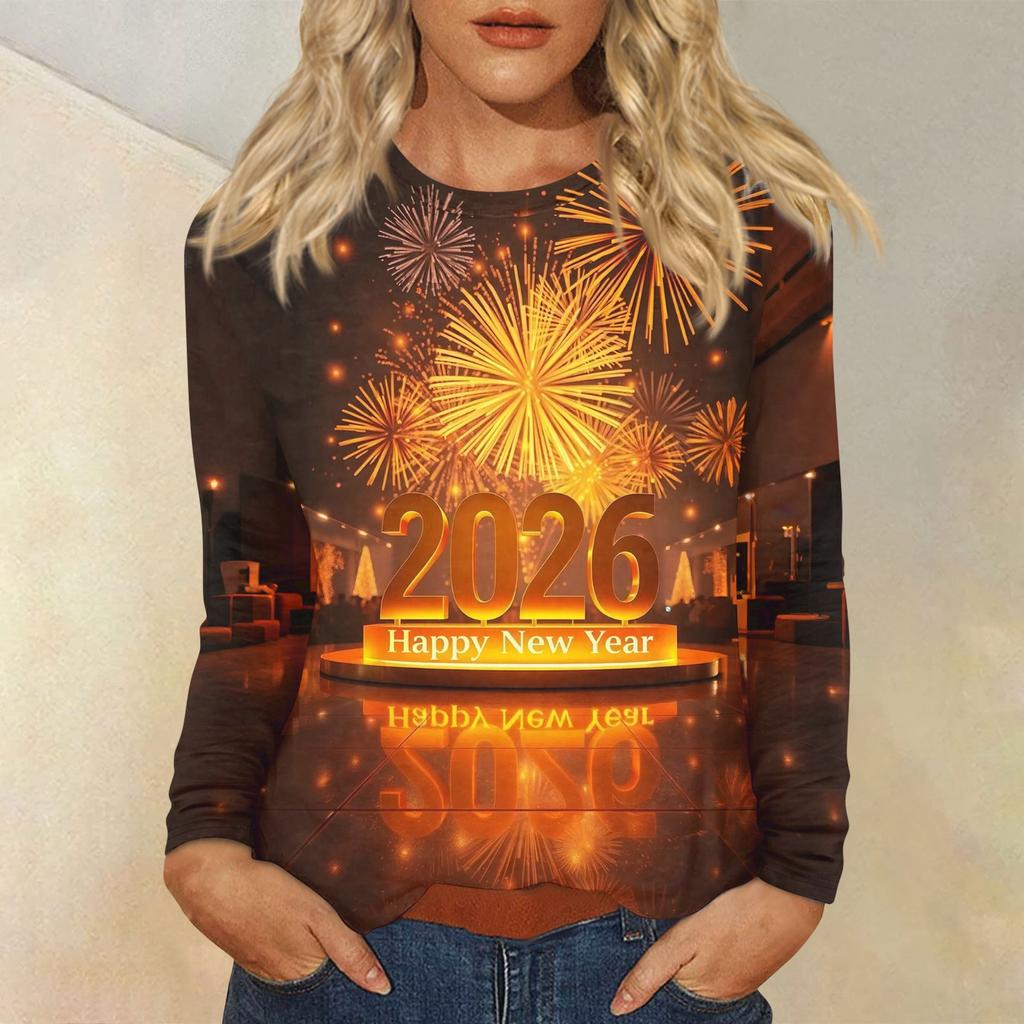 Women's Loose Comfortable Casual Fashion Round Neck New Year Printed Long Sleeve Top
