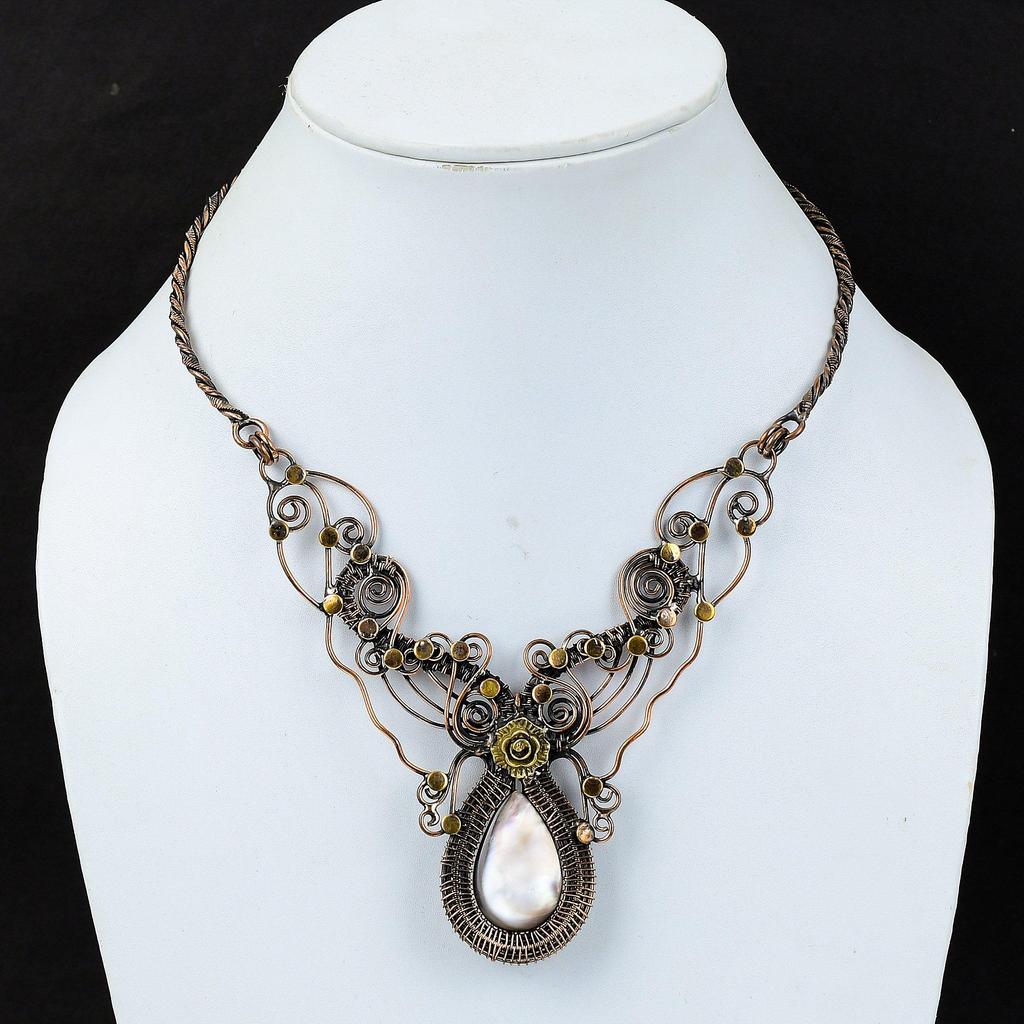 Mother Of Pearl Necklace Copper Wire Wrapped Gemstone Necklace Adjustable Necklace Handmade Unique Necklace Copper Wire Jewelry Gift For Mom