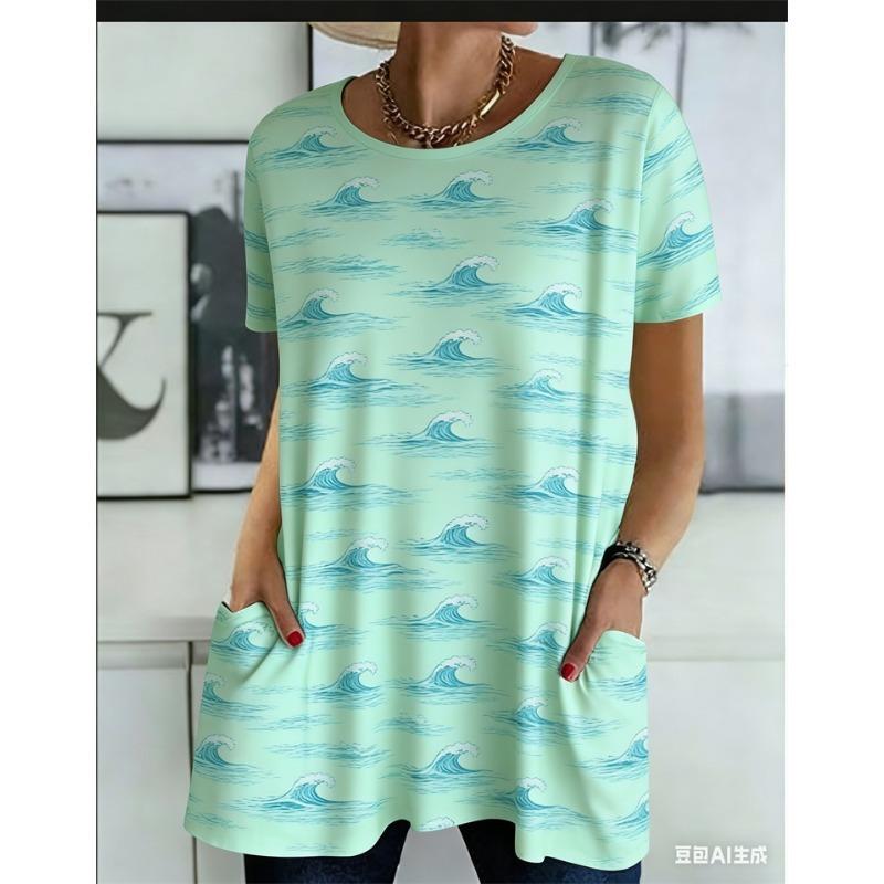 Large Women'S Short-Sleeve Tee Featuring a White Daisy Floral Design, Equipped with Pockets, Perfect for Everyday Travel, College Life, Beach Trips,