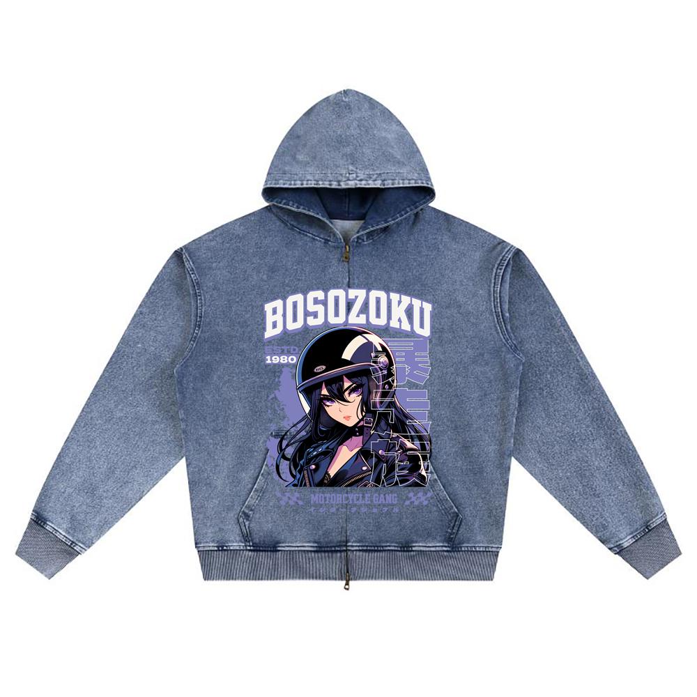 DTG print Knitted Denim Zip-Up Hoodie Biker Graphic Brother Print Zipper Hoodies