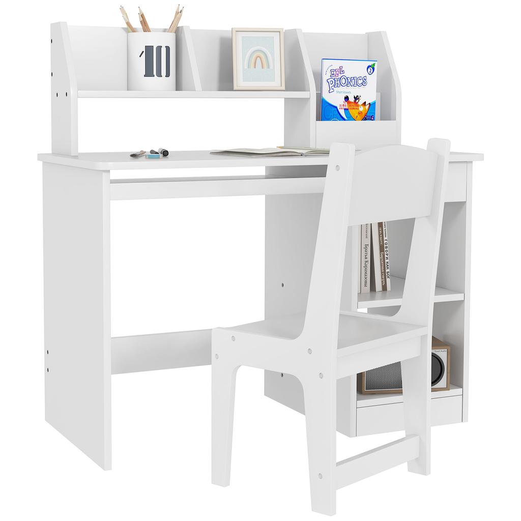 Kids Desk with Ergonomic Chair with Sliding Keyboard Tray Drawer Niches and Open Shelves 90 x 45 x 90 cm White