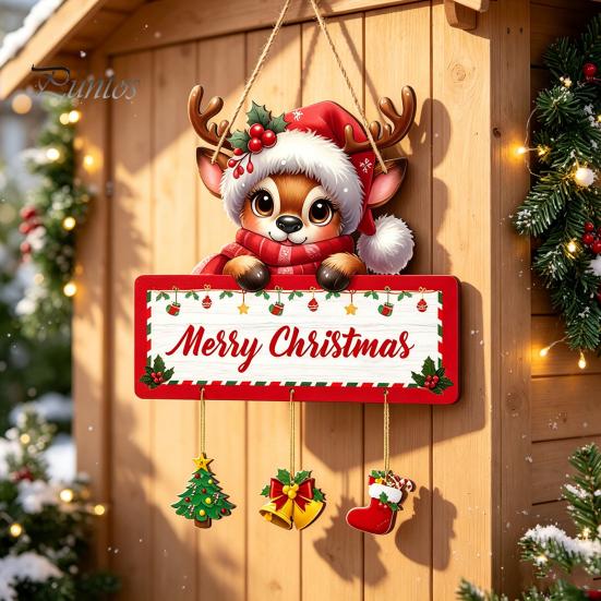 Xmas Party Wall Hanging Christmas Winter Wooden Sign, Elk Snowman Decorative Plaque, Rustic Holiday Decor Door Sign for Home Hangers