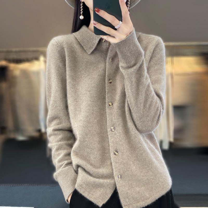 Women's Long Sleeve Pure Wool Knit Cardigan with Polo Collar - Autumn/Winter Edition