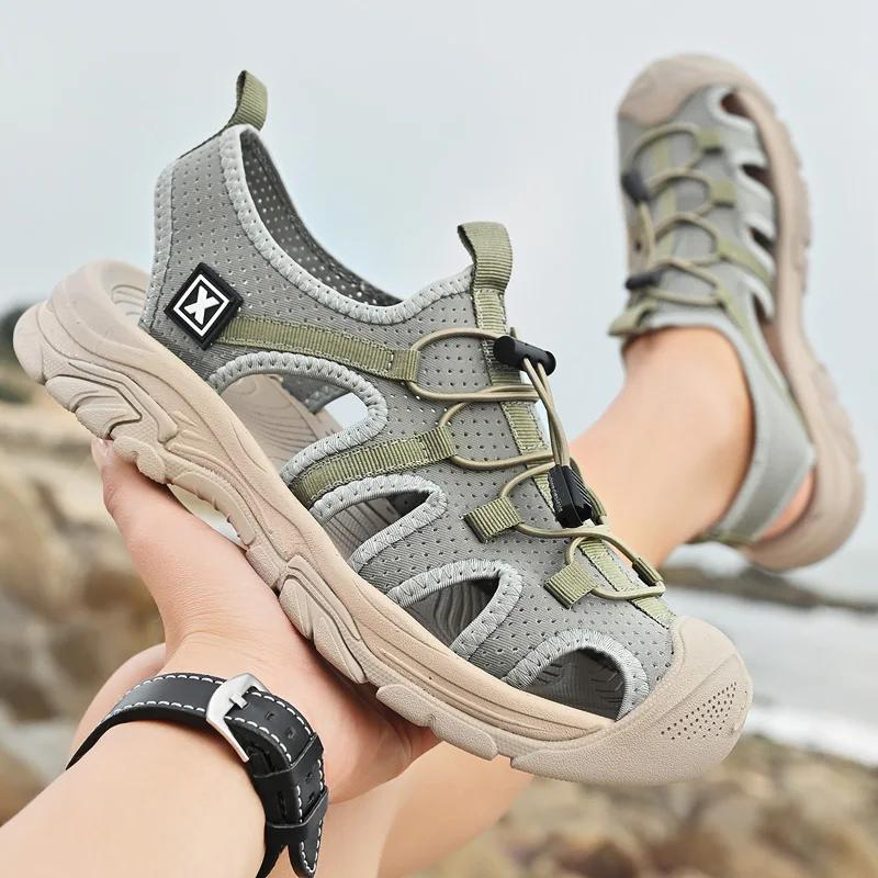 Fashion Walk Mens Sandals Men Summer Casual Shoes Outdoor Beach Flats Anti-collision Toe Hollow Out Roman Shoes Wading Aqua Sneakers