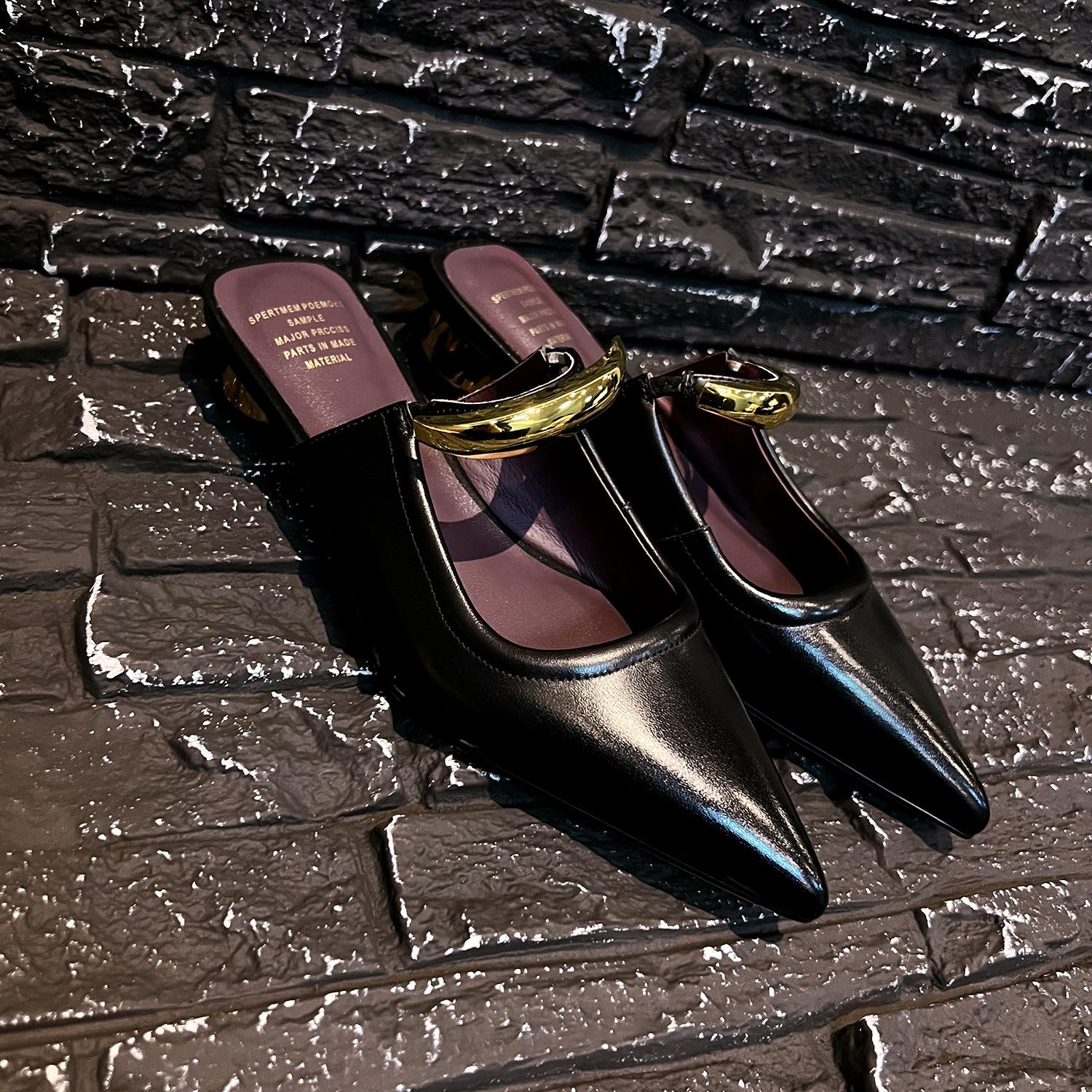 

Остроносые мюли на толстом каблуке, весна-осень 2025, полушлепанцы, низкий каблук, простые французские металлические сандалии с закрытым носком для женщин 39 чёрный