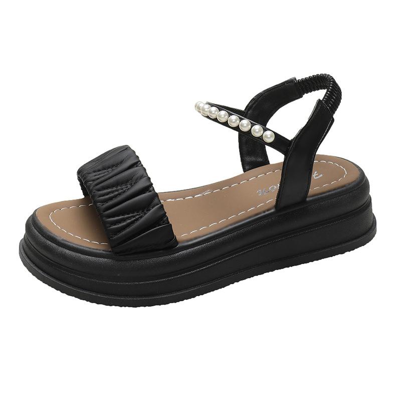 

Сандалии в римском стиле с толстой подошвой, женские летние феи, плоские сандалии с жемчужным ремешком, эластичные сандалии большого размера, модная женская летняя дышащая обувь 42