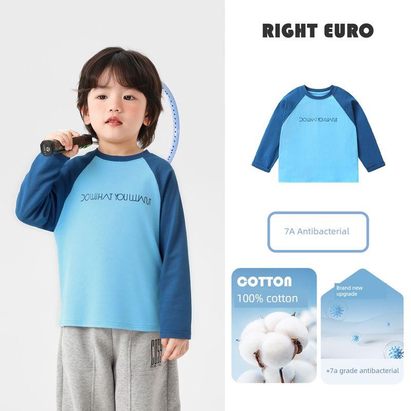 Right European Style Boys  Pure Cotton Raglan Sleeve T-Shirt, New Spring and Autumn Children s Clothing, Autumn Base Shirt, Autumn Boys  Top Smart Blue Sleeves 90