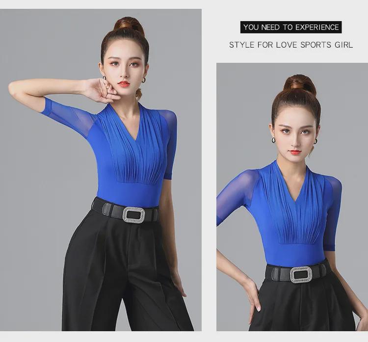 Letnie czerwone plisowane bluzki z siateczki z krótkim rękawem do treningu tańca towarzyskiego latino dla kobiet