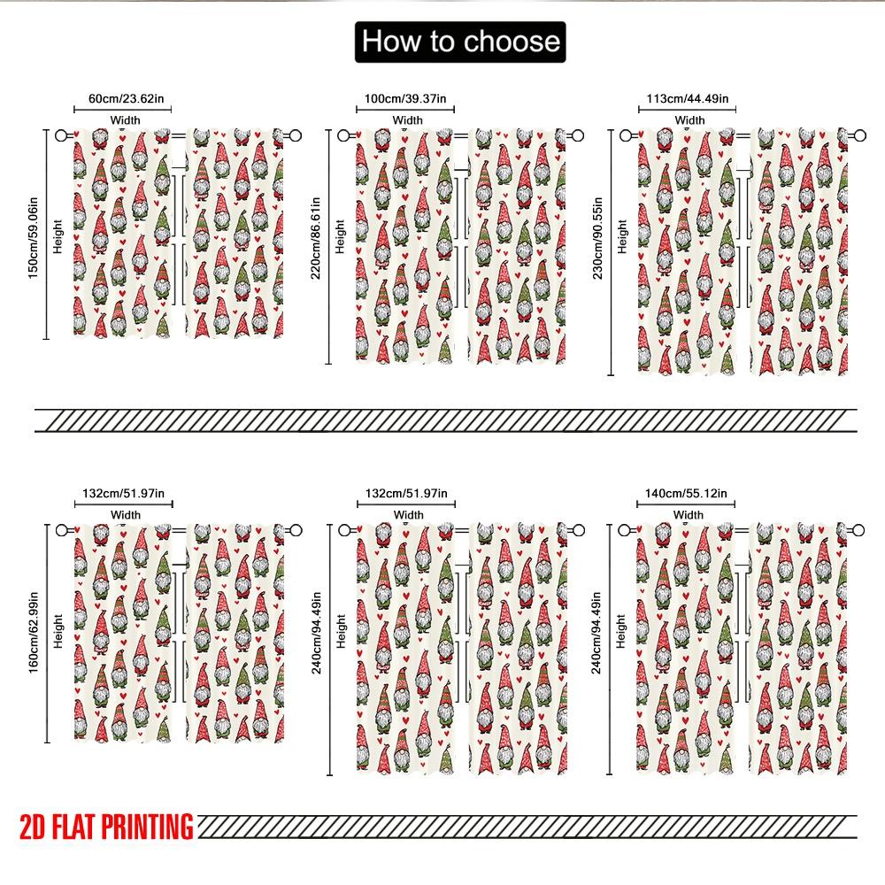 Set Of 2 Flat Printing Fashionable Christmas Curtains Gnomes Hearts Digital Printed Polyester Drapes Festive Curtain