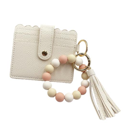 Silicone Bracelet Keychain Wallet Beaded Wristlet Credit Card Holder with Tassel Slim Card Wallet with ID