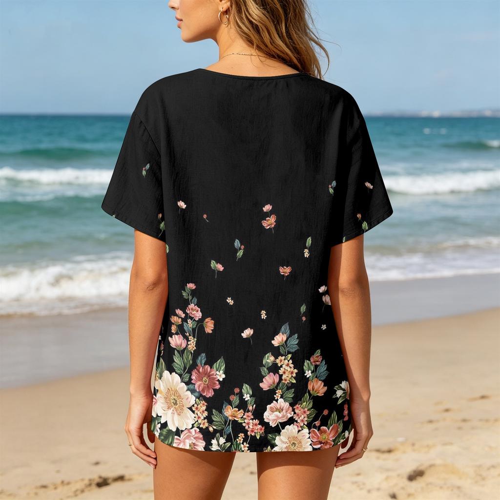 Women’s Fashion Printed Short Sleeve Cotton Linen Shirt with Henley Button Neckline and Chest Pocket for Casual Wear