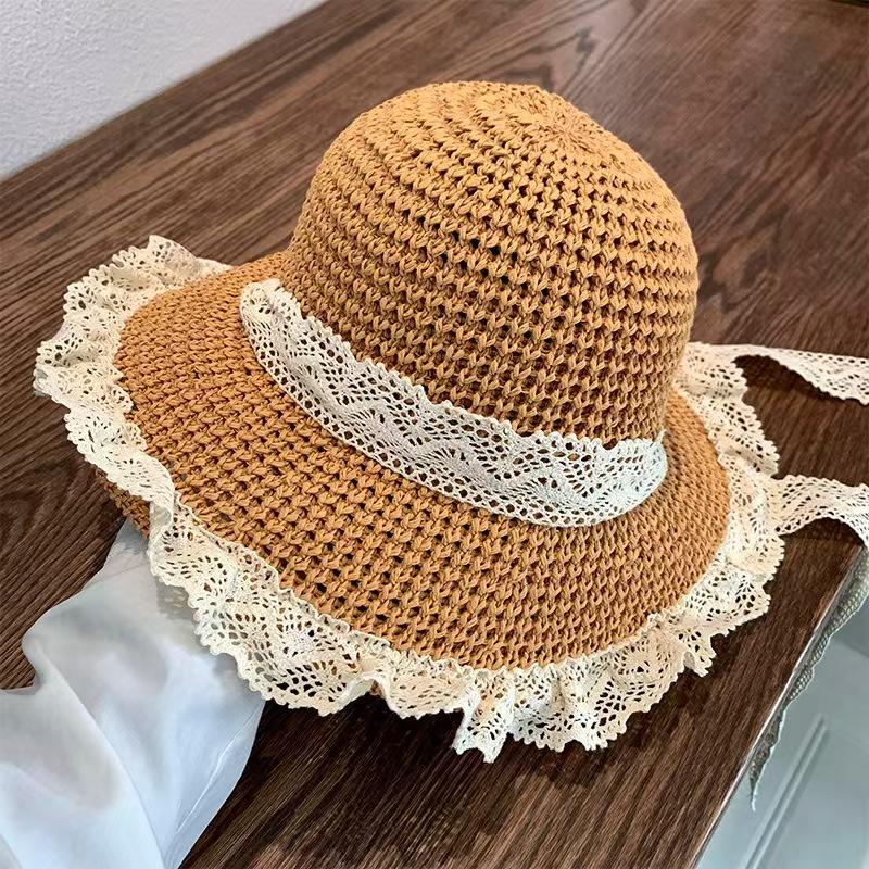 Rural Style, Tied with Ribbons, Sun Hat, Women's, Summer Seaside, Beach Vacation Style, Hollowed Out Large Brim, Sun Hat