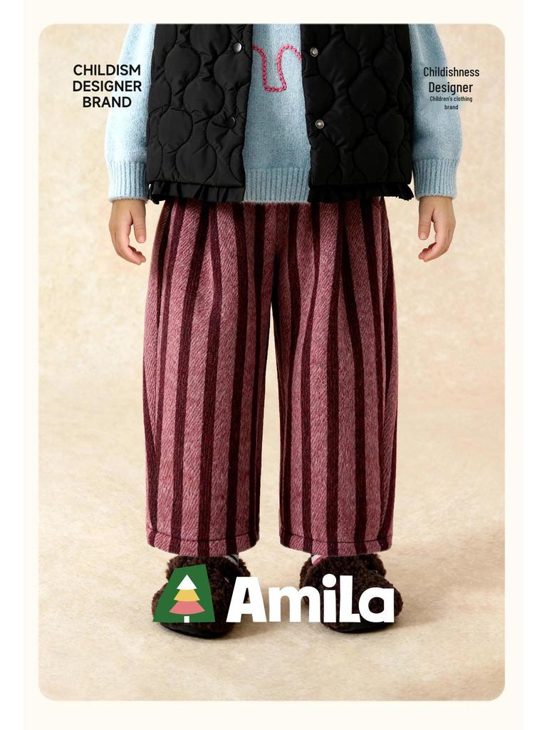 Tongbei Kids' 2025 Winter Striped Merino Wool Pants for Boys & Girls – Warm, Versatile Long Pants