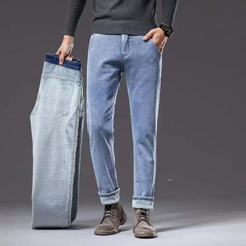Winter Fleece Thick Warm Jeans Classic Brand Business Casual Men's Fitted Straight Stretch Mid-high Waist Denim Jeans