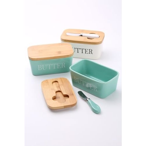 Butter Case, Storage Container with Knife, Wooden Case and Ceramic Butter Holder, Butter Knife Box, Kitchen Storage, Condiment Storage Container, Scan