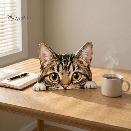 Accesorios de Escritorio para Oficina en Casa, Adorno de Gato Lindo Sentado en Estante, Figura de Gatito de Madera Mirando Curiosamente, Estatua Realista Decorativa Plana 2D para Escritorios