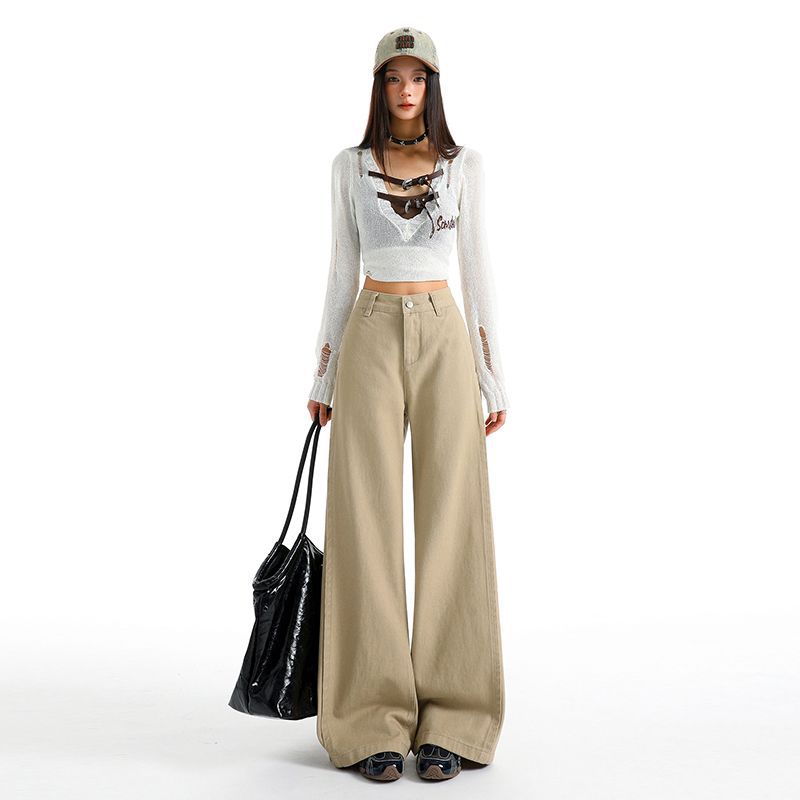 Early Spring Khaki High Waist Vintage Patchwork Slim Straight Wide Leg Denim Pants For Ladies Casual Pants Oversize Denim Trousers