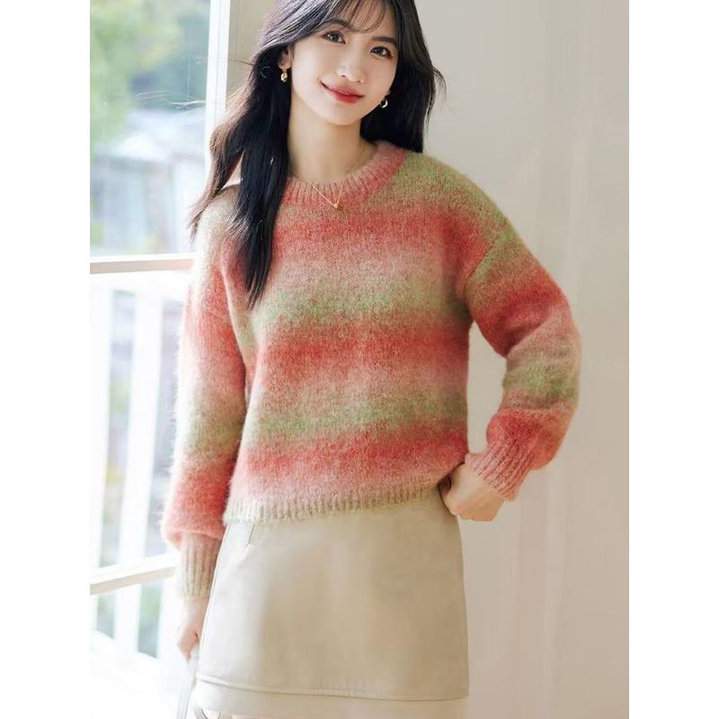 Färggradient Utländsk Stil Lös Ledig Stil Mjuk Vaxartad Pullovertröja Dam Höst Vinter Rund Hals Casual Topp