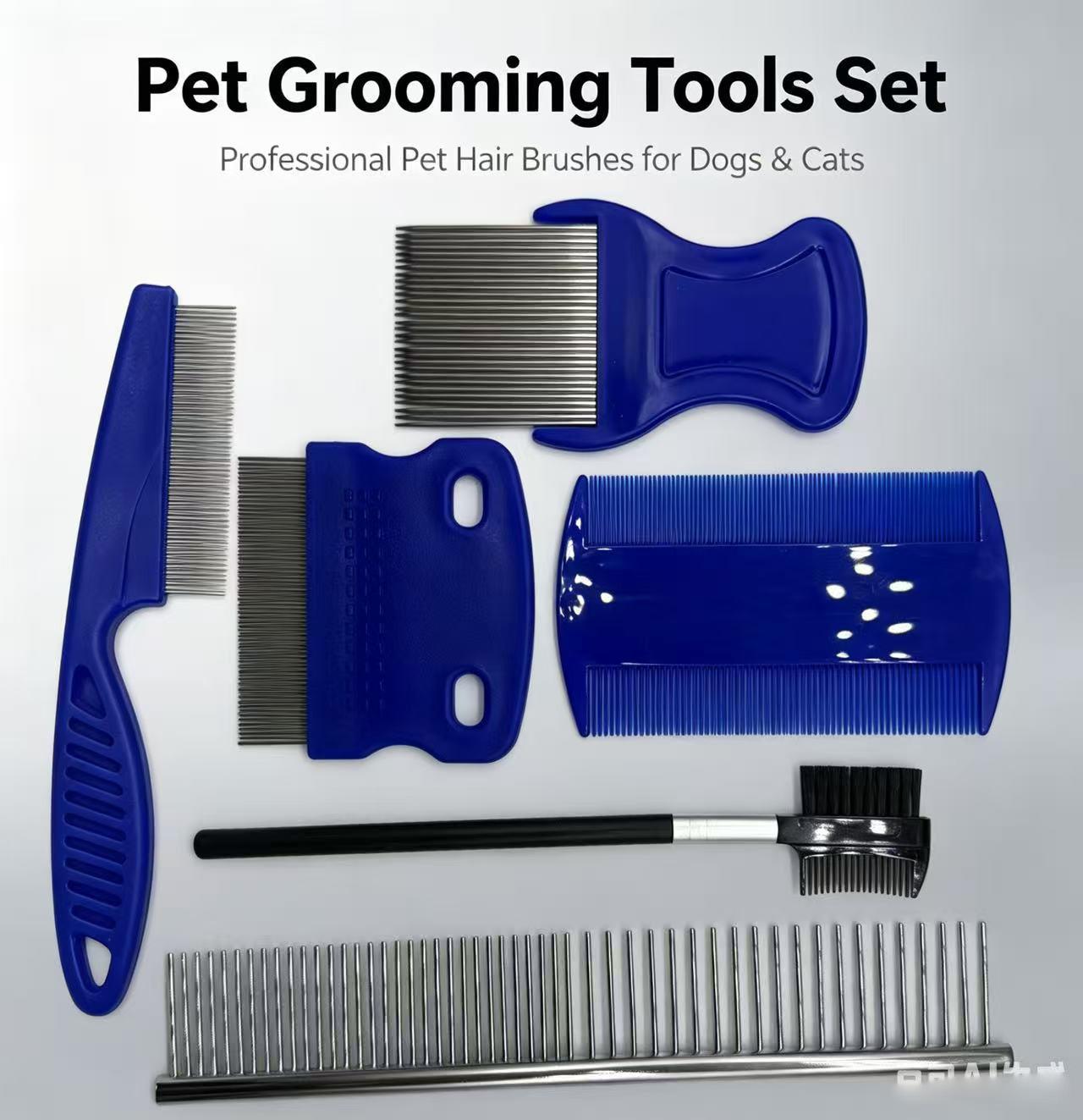 6-Piece Pet Grooming Kit and Cleaning Set Professional Cat Dog Hair Brush with Flea Comb Multi-functional Grooming Tools