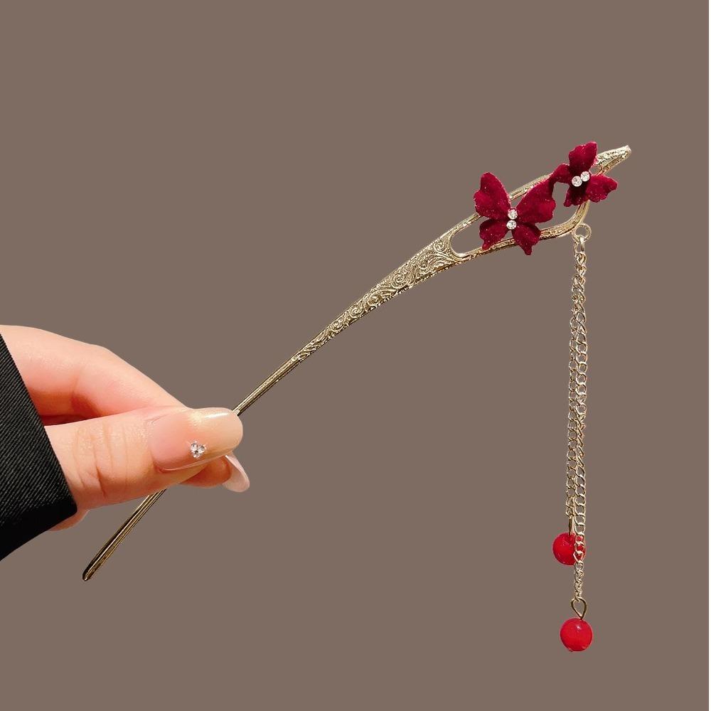 Red Butterfly Tassel Hair Stick with Velvet Flower Bead Detail Carved Pattern Retro Hanfu Style Women's Elegant Hair Accesso