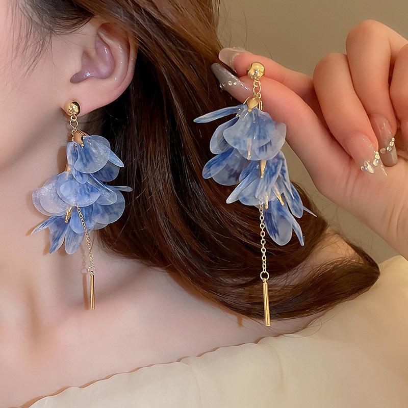 Silver Needle Chiffon Flower Tassel Earrings, Sweet Mori Style, Dopamine Trend, Versatile Women’s Earrings